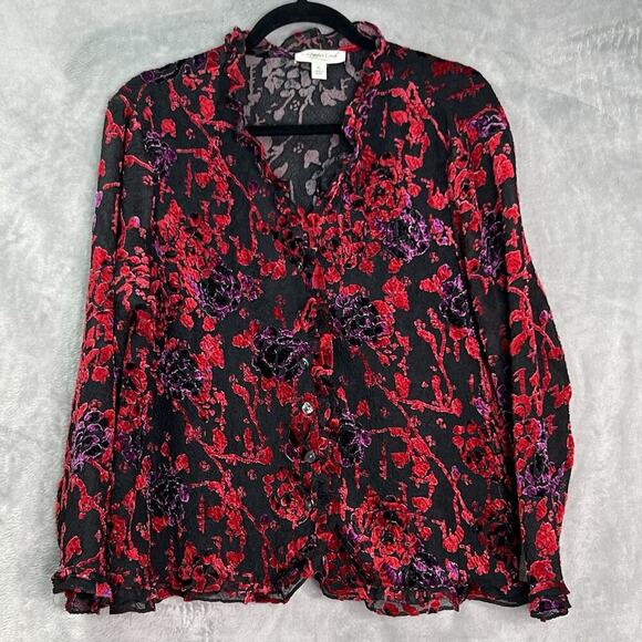 Coldwater Creek Mesh Crinkle Burnout Velvet Ruffle Button-Up Shirt Size PL - Picture 1 of 16